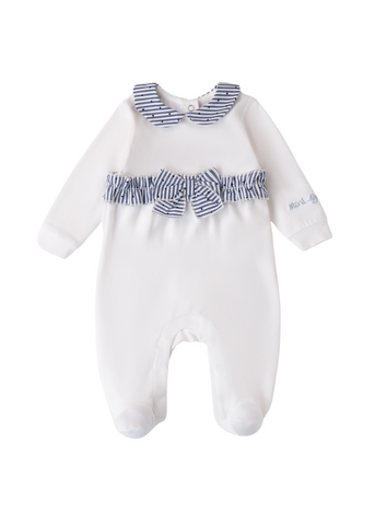 Long White Jumpsuit with Collar, Blue Stripes and Picks for Girls 8722 Miniband