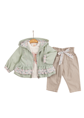 Set 3 Piese, Jacheta Verde Menta cu Gluga si Fermoar, Pantaloni Lungi si Tricou Alb 6572 Bili Baby