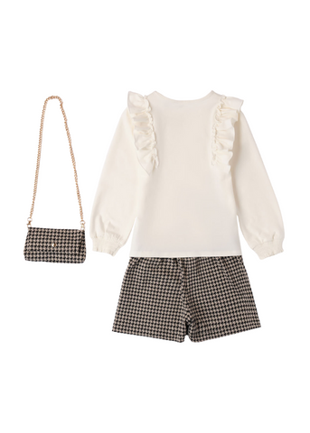 3 Piece Set for Girls, Cream Blouse, Skirt-Pants and Bag in Beige and Black Fabric 7620 iDO