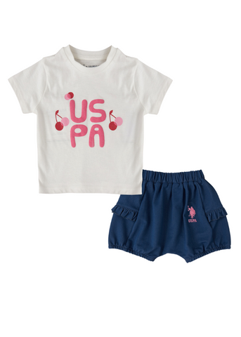 Set 2 Piese, Tricou Crem cu Cirese si Pantaloni Scurti Denim 1970 V1 Us Polo Assn