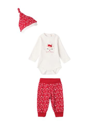 Set 3 Piese pentru Bebelusi, Body crem My First Christmas, Fes si Pantaloni rosii 7285 iDO