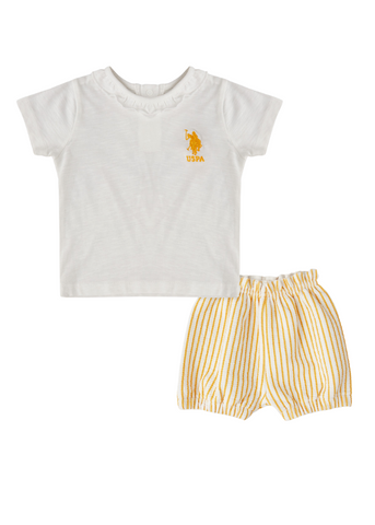 2 Piece Set, Ivory T-Shirt and Yellow Striped Shorts 1980 V1 Us Polo Assn