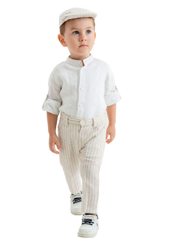 Set 3 Piese, Sapca si Pantaloni Bej cu Dungi Verzi si Camasa Alba 9979 Lemon