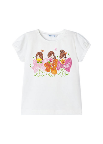 Ivory T-Shirt with Short Sleeves and Print for Girls with Orange and Pink Bows 3080 Mayoral