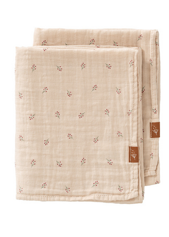 Set of 2 Beige Organic Cotton Flower Print Blankets 70X60 cm F115-09 Momykeep