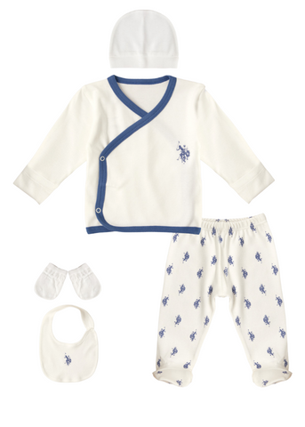 Newborn 5 Piece Set, Booties, Bib, Cream Blouse, Pants and Fes Logo Print Blue 1929 V1 Us Polo Assn