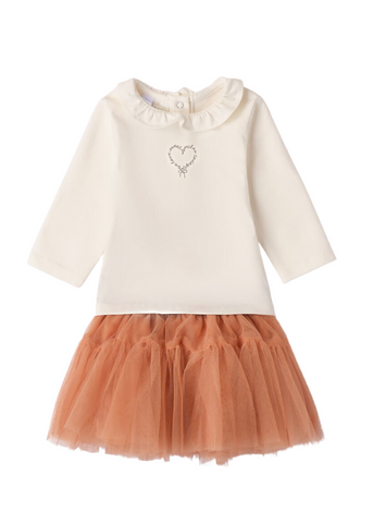 2 Piece Set for Girls, Long Sleeve Cream Blouse and Caramel Tulle Skirt 7282 iDO