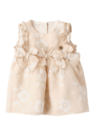 Beige Sleeveless Dress with Cream Flower Print and 3 Bows at the Waist 8131 iDO