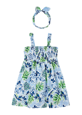 Blue Dress with Straps and Blue Print with Pineapple and Headband 3947 Mayoral