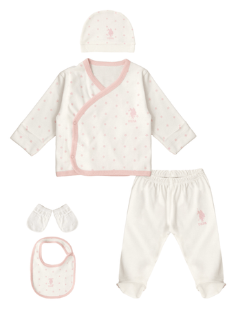 Cream Newborn 5 Piece Set with Pink Stars and Polka Dot Print 1929 V1 Us Polo Assn