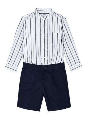 2 Piece Set, White Shirt with Navy Blue Stripes with Cossack Collar and Navy Blue Shorts 3281 Mayoral