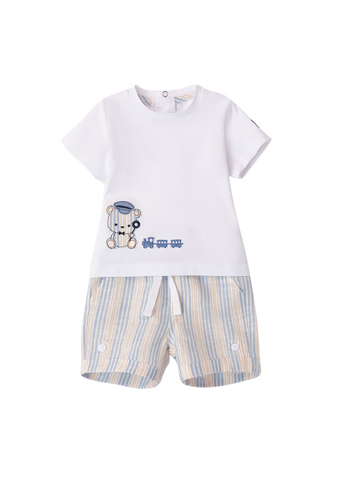 Set 2 Piese, Tricou Alb si Pantaloni Scurti din In Bleu cu Dungi pentru Baietei 8674 Minibanda