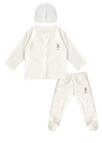 Set 3 Piese Crem cu Imprimeu Roz, Bluza cu Capse, Pantaloni si Fes 1940 V1 Us Polo Assn