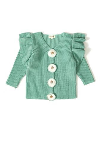 Cardigan Tricotat pentru Feetite, Verde cu Nasturi si Flori Crosetate 21049 Patique