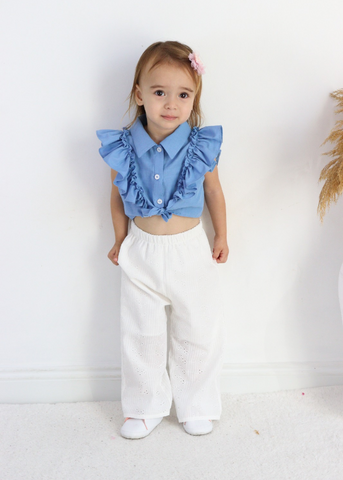 2 Piece Set Blue Sleeveless Shirt and Ivory Cotton Embroidery Pants Sparta M0640 Connie Baby
