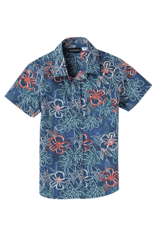 Navy Blue Shirt with Short Sleeves and Flower Print 8121 Sarabanda