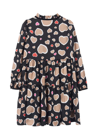 Dress with long sleeves for girls, black and beige hearts