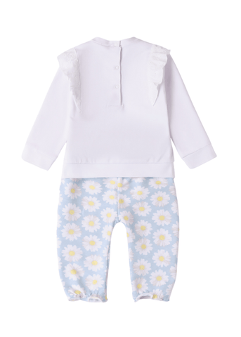 2 Piece Set, White Long Sleeve Blouse and Blue Long Pants with Daisies 8120 iDO