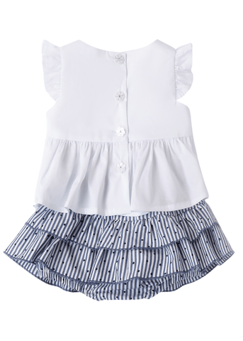 Set of 2 Pieces, White T-shirt and Skirt with Ruffles and Navy Blue Stripes 8795 Miniband