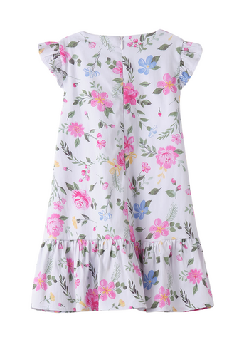 White Dress with Fuchsia Flower Print with Short Sleeve 8752 iDO