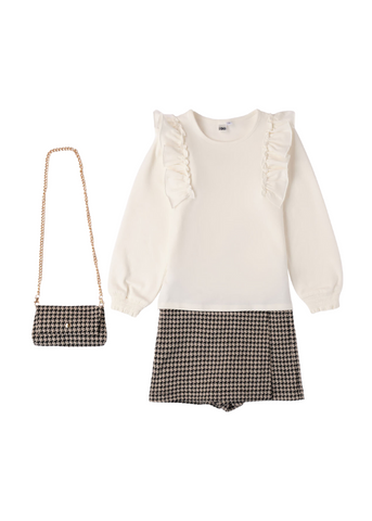 3 Piece Set for Girls, Cream Blouse, Skirt-Pants and Bag in Beige and Black Fabric 7620 iDO