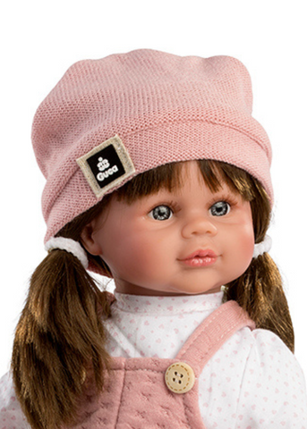 Judith Doll 38 cm, with Satin Artificial Hair and Mechanism, Short Overalls and Pink Hat, Short Pink Jacket 929 Guca