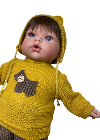 Bietel Lucas Satin Baby Doll with Mustard Sweater and Hat and Brown Shorts, 45 cm 1802 Nines