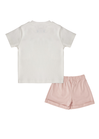 Set 2 Piese, Tricou Ivory cu Imprimeu Flori Roz si Pantaloni Scurti Roz 1977 V1 Us Polo Assn