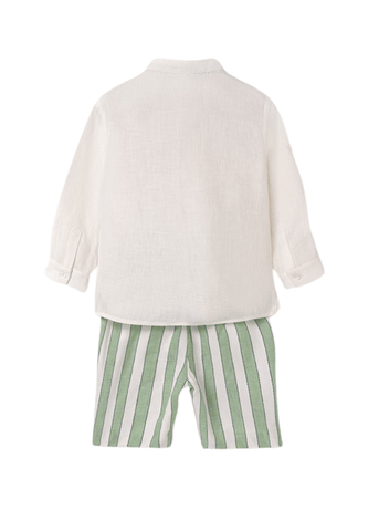 Linen 2-Piece Set, White Shirt and Green Striped Shorts 5254 Abel & Lula