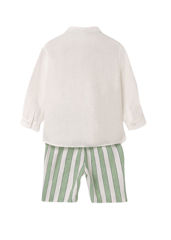 Set of 2 Linen Pieces, White Shirt and Green Striped Shorts 5254 Abel & Lula