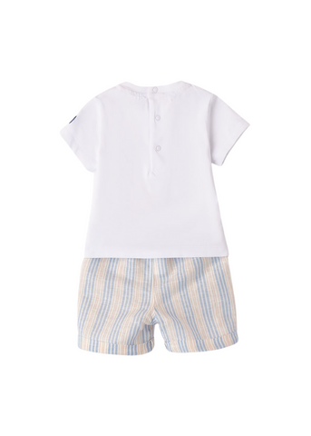2 Piece Set, White T-Shirt and Blue Striped Linen Shorts for Boys 8674 Minibanda
