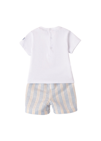 Set 2 Piese, Tricou Alb si Pantaloni Scurti din In Bleu cu Dungi pentru Baietei 8674 Minibanda