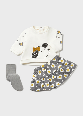 Set of 3 Pieces - Cream Blouse with Dog Print, Skirt and Gray Tracksuit 2849 Mayoral