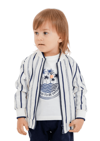 3 Piece Set, White Jacket with Navy Blue Stripes with Zipper, Navy Blue Pants and T-Shirt 9997 Lemon