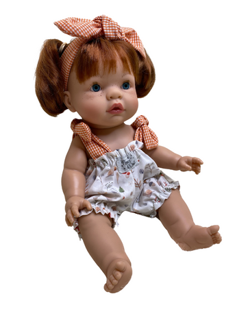 Red Joy Doll with Short White Overalls with Orange and Headband, 37 cm 1052 Nines