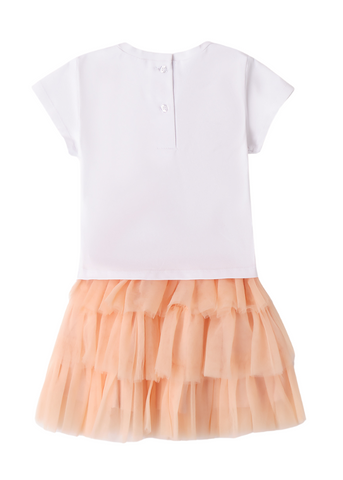 2-piece set, White Short-Sleeve T-Shirt with Peach Bow and Peach Ruffled Skirt 8286 iDO