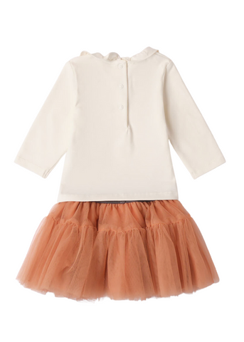 2 Piece Set for Girls, Long Sleeve Cream Blouse and Caramel Tulle Skirt 7282 iDO