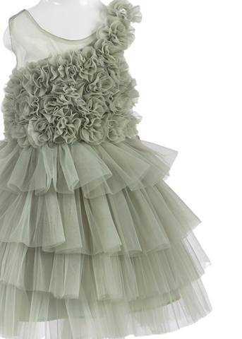 Green Ceremony Dress with Flowers on the Bust and Tulle Ruffles 2348 Lugu