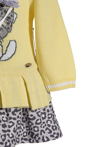 Yellow Knitted Dress with Cat Fur Bag and Animal Print