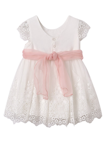 White Embroidered Tulle Dress with Pink Cord at Waist and Panty 5011 Abel & Lula