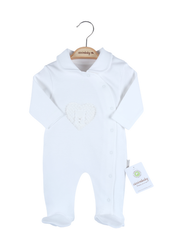 Salopeta Lunga Cicim Baby pentru Fetite, ivory cu Model Inima & Ursulet, din Bumbac 100%