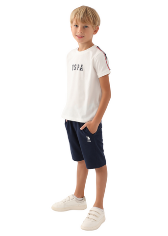 Set 2 Piese Tricou Ivory cu Logo si Pantaloni Scurti Bleumarin US1705-4 V1 Us Polo Assn