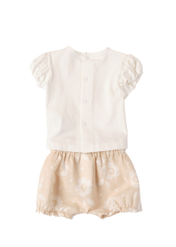 Set of 2 Pieces, Cream T-shirt and Beige Shorts with Flower Print 8151 iDO