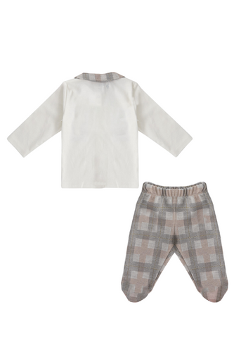 3 Piece Set for Girls, Cream Collared Blouse, Pants and Pink Checked Fes 1673 Us Polo Assn