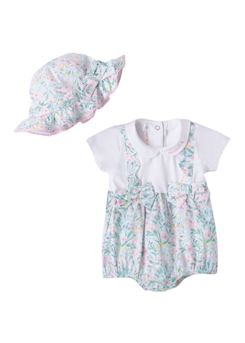 Set of Short White Overalls with Pink and Green Flower Print with Hat 8712 Minibanda
