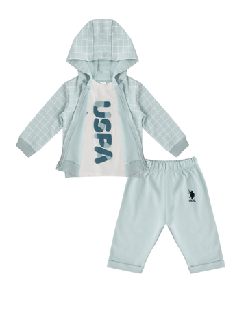 3 Piece Tracksuit, Mint Green Plaid Hoodie and Pants and Cream T-Shirt 1849 V1 Us Polo Assn