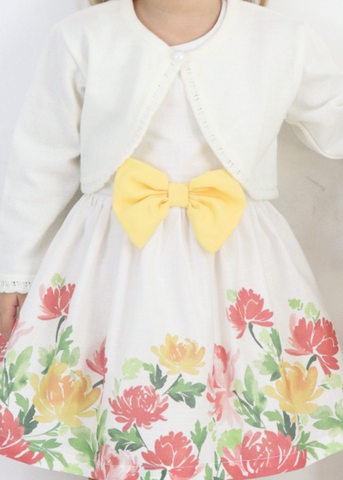 Ivory Dress with Straps on the Back Yellow Bow and Flower Print with Bolero M0678 Connie Baby