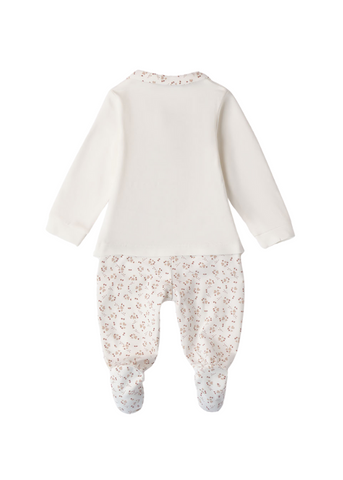 Set 2 Piese Pijama Crem, Bluza cu Urs si Pantaloni cu Imprimeu Flori Bej 8124 iDO