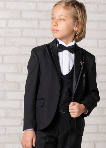 Costum Ceremonie Negru 5 Piese, Sacou cu Rever din Catifea, Vesta, Papion, Pantaloni si camasa Alba 20354 Little Gentleman