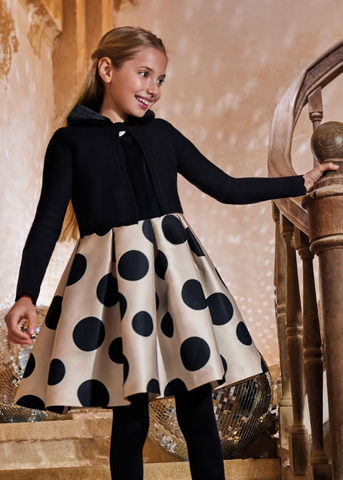 Black Bust Dress and Beige Skirt with Big Black Polka Dots